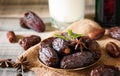 Soft focus of dates fruit on dark wooden background. Muslim simple Iftar concept. Ramadan food and drinks