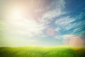 Soft focus of dramatic sunset sky with green grass, clouds and f Royalty Free Stock Photo