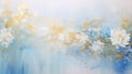 Soft focus floral painting horizontal background. Pale Blue and Ivory colors with gold glitter. Marble texture