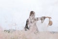 Soft focus of the Girl in a blue dress on a wheat field. woman in meadow concept Royalty Free Stock Photo