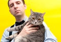 Handsome confident man in blue shirt, black suspender holding grey striped tabby cat with outstretched paws and looking at camera