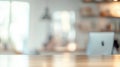 Soft focus home office with desk and computer, modern workspace background Royalty Free Stock Photo
