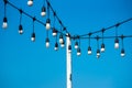 Soft focus light bulbs that decorate during celebrations or festivals on a bright sky background