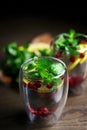 Soft focus. Macro. Detox drink with cranberries, mint and lemon in a glass on a dark background. Healthy beverage Royalty Free Stock Photo
