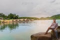 The soft focus the man with the raft,the swamp,the mountain beautiful sky and cloud at Huai Krathing, Loei province, Thailand. By