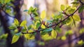 Soft Focus Nature Texture in Spring Showcasing Subtle Greenery and Bright Bokeh Effects as Leaves Emerge on Branches in Royalty Free Stock Photo
