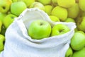 Soft focus photo. Reusable shopping bag with fruit. Zero waste. Ecologically and environmentally friendly packets. Canvas and Royalty Free Stock Photo