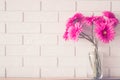 Soft focus Pink Gerbera Daisies in Glass Vase on white brick wall texture background with copy space Royalty Free Stock Photo