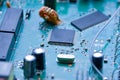 Soft focus. Radio components on a printed circuit board. Close-up photo. Radio engineering background Royalty Free Stock Photo