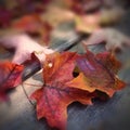 Soft focus red orange fall maple leaves. Square format.