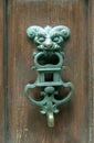 Rusty style Door Knocker view. Old metal door handle knocker on wooden background. Beast-shaped metal door knocker. Soft focus