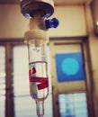 Soft focus of set intravenous drop with blurry background in hospital, health care concept.