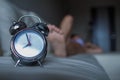 Soft Focus and Smooth Focus, alarm clock placed next to bed woke up at set time for woman to wake up and prepare to leave for work
