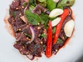Soft focus of Spicy raw beef salad with chilli, garlic and mint