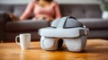 Soft Focus View of VR Headset and Remote Controllers on a Wooden Table with a Blurred Background. Generative AI