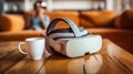 Soft Focus View of VR Headset and Remote Controllers on a Wooden Table with a Blurred Background. Generative AI
