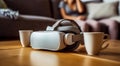 Soft focus of vr headset and remote controllers on wooden table with blurred background of crop female sitting on sofa. Generative