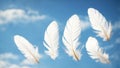 soft focus. A white fluffy bird feather on a blue sky background. The texture of a delicate feather AI