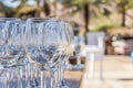 Soft focus wine glasses bar patio cafe outdoor space in garden place with blurred unfocused Royalty Free Stock Photo