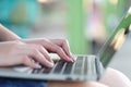 Soft focus of young woman of freelancer working using laptop computer in coffee shop, Communication technology and Business Royalty Free Stock Photo