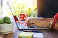 Soft focus of young woman of freelancer working using laptop computer in coffee shop, Communication technology and Business Royalty Free Stock Photo