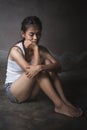 Soft focus. young woman sad and fear stressful depressed emotional. stop abusing violence in women,person with health anxiety.