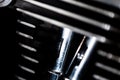 Closeup shot of a well ridden v-twin american made  motorcycle engine.  Soft Focused Royalty Free Stock Photo