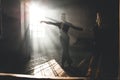 Soft focused photo. Couple of two professional ballroom dancers is dancing on loft studio. Beautiful art performance with heavy