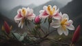 mountain magic, pink flowers atop an enigmatic peak, gentle blur, and misty ambiance. Illustration