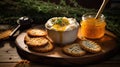 Soft french cheese served with liquid honey and crackers Royalty Free Stock Photo