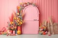 Soft front angle wall, isolated pink barn door, watermelon, arch frame with many colorful flowers, vase flowers, colorful grass. G Royalty Free Stock Photo