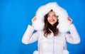 Soft fur. Style code with elegance. For those wishing stay modern. Fashion trend. Winter clothes. Girl wear winter