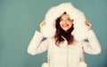 Soft fur. Style code with elegance. For those wishing stay modern. Fashion trend. Winter clothes. Girl wear winter