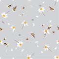 Soft and gentle pretty daisy floral print blowing in the wind design with bumble bees seamless pattern in vector for fashion ,