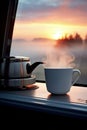 The soft glow of morning light dances on the coffee cup, a delightful sight in the motorhome