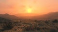 The soft glow of a setting sun casts a hazy ethereal hue over the dry and rugged desert terrain.