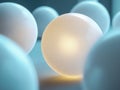 Soft glowing white sphere illuminating a cluster of muted spheres in a tranquil blue ambient setting with smooth textures and Royalty Free Stock Photo