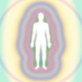 Soft grainy retro yellow rainbow aura layers - energy field with human figure, body