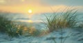 Soft Green Grasses Rise from the Sand Dunes, Overlooking a Blurred Sea under a Sunset\'s Golden Mood Royalty Free Stock Photo