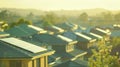 Soft hazy background of a typical suburban area with a mesmerizing outoffocus view of solar panels prominently situated