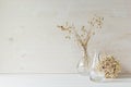 Soft home decor of glass vase with spikelets and stalks on white wood background.