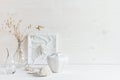 Soft home decor. Seashells and glass vase with spikelets on white wood background.