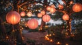 enchanted garden party, soft-hued paper lanterns and twinkling fairy lights hung in trees create a charming ambiance for