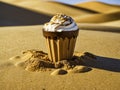 Soft ice cream in brown cup placed on sand in bright desert with sand dune in the background Royalty Free Stock Photo