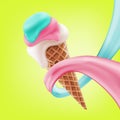 Soft Ice cream wafer cone in cream swirl. 3d vector realistic icon