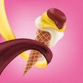 Soft Ice cream wafer cone in cream swirl. 3d vector realistic icon