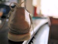 Soft Leather Oxford Shoe and Laces on Wooden Desk Mens Fashion Royalty Free Stock Photo