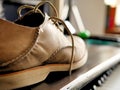 Soft Leather Oxford Shoe on Wooden Desk Mens Fashion Royalty Free Stock Photo