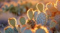 The soft light of dawn illuminates a cactus garden in the desert creating a tranquil and otherworldly atmosphere. 2d