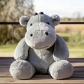 Soft Light Gray Stuffed Hippo On Wooden Bench